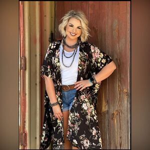 Everly- Chiffon Kimono Black Floral Print, Short Sleeve, High/ Low Shaw Collar,